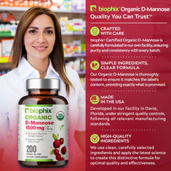 Two veggie capsules shown beside Biophix D-Mannose bottle
