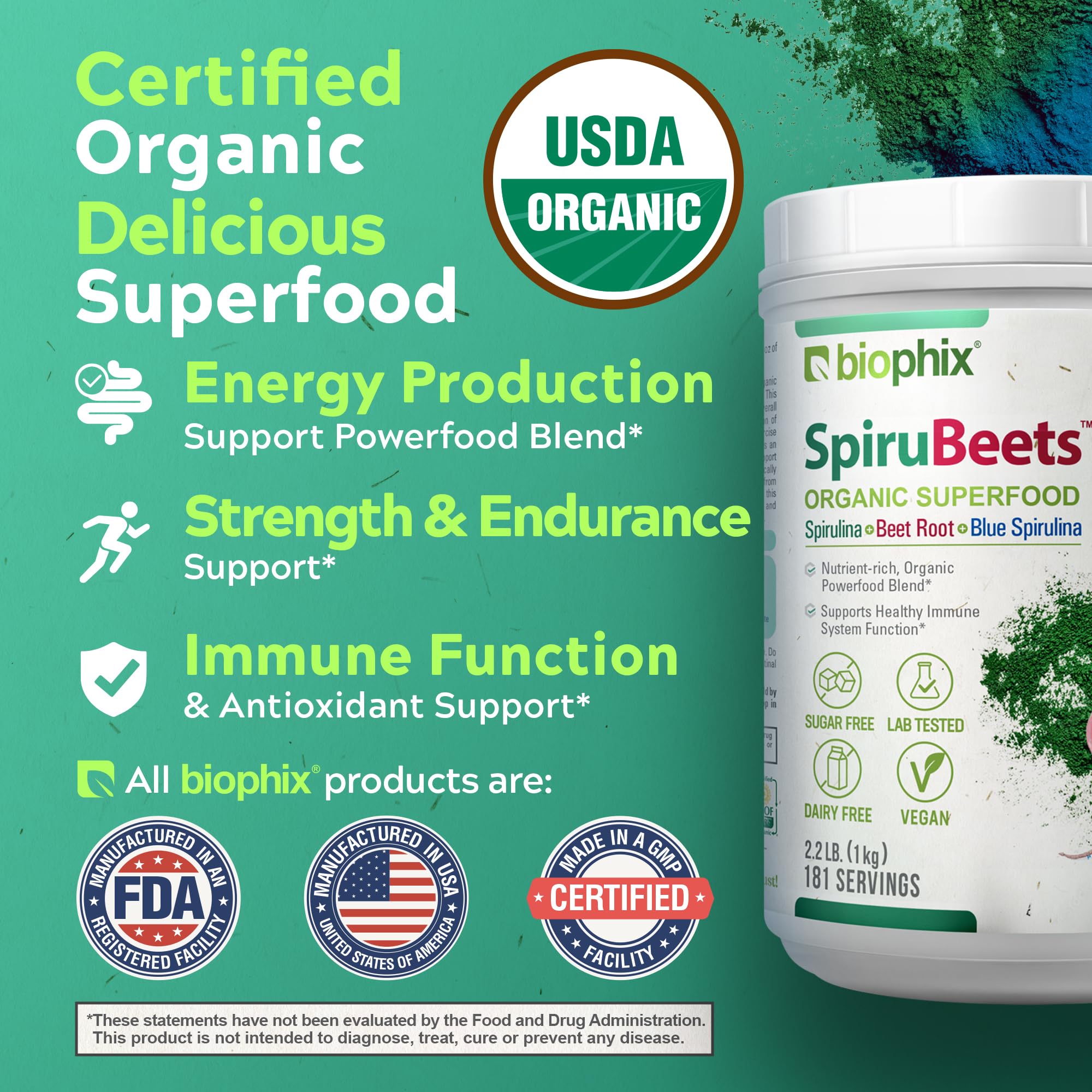 Beet Root and spirulina blend imagery for SpiruBeets