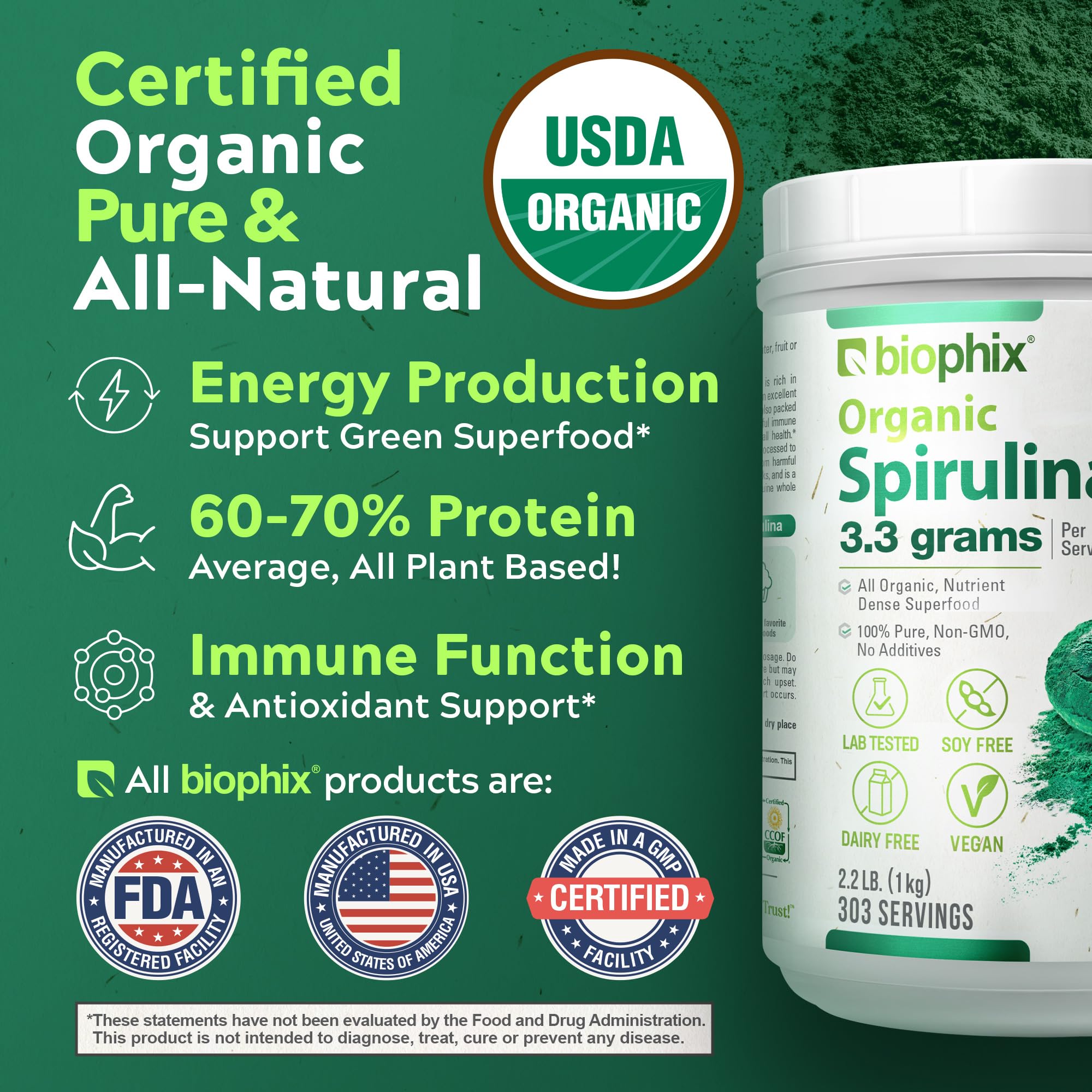 Close-up of the green spirulina powder granules