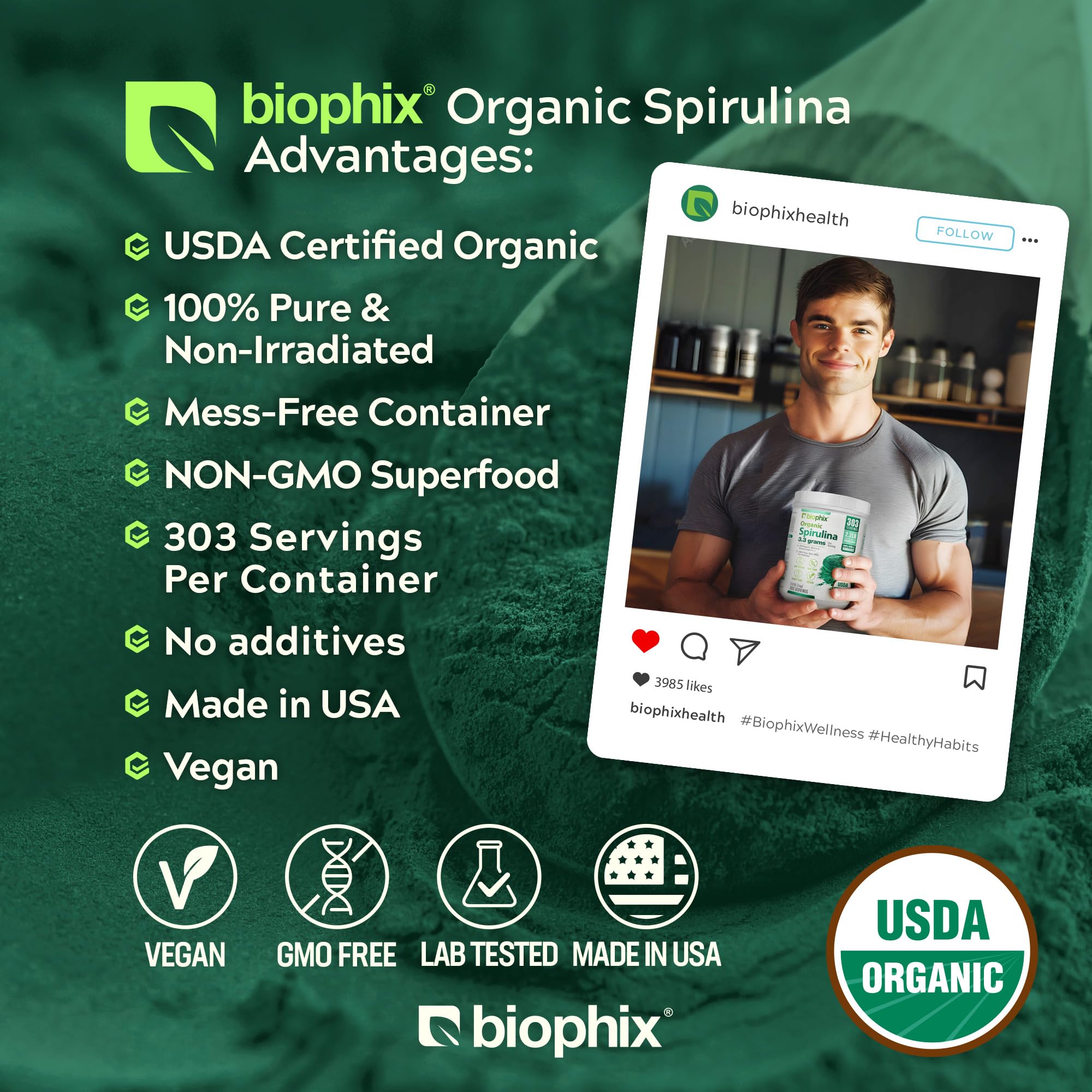 Close-up of Biophix Spirulina Powder label