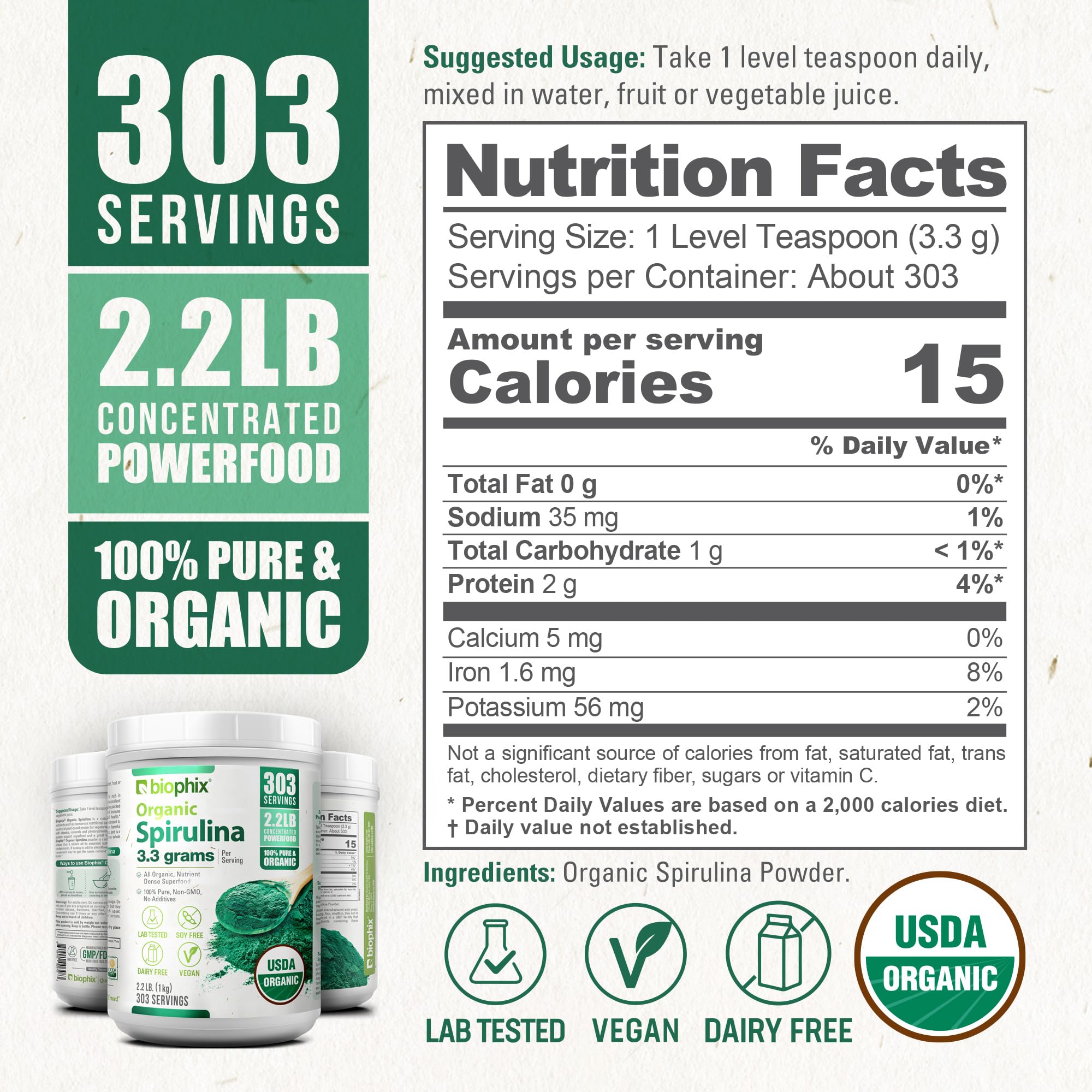 Organic certifications on Biophix Spirulina Powder packaging