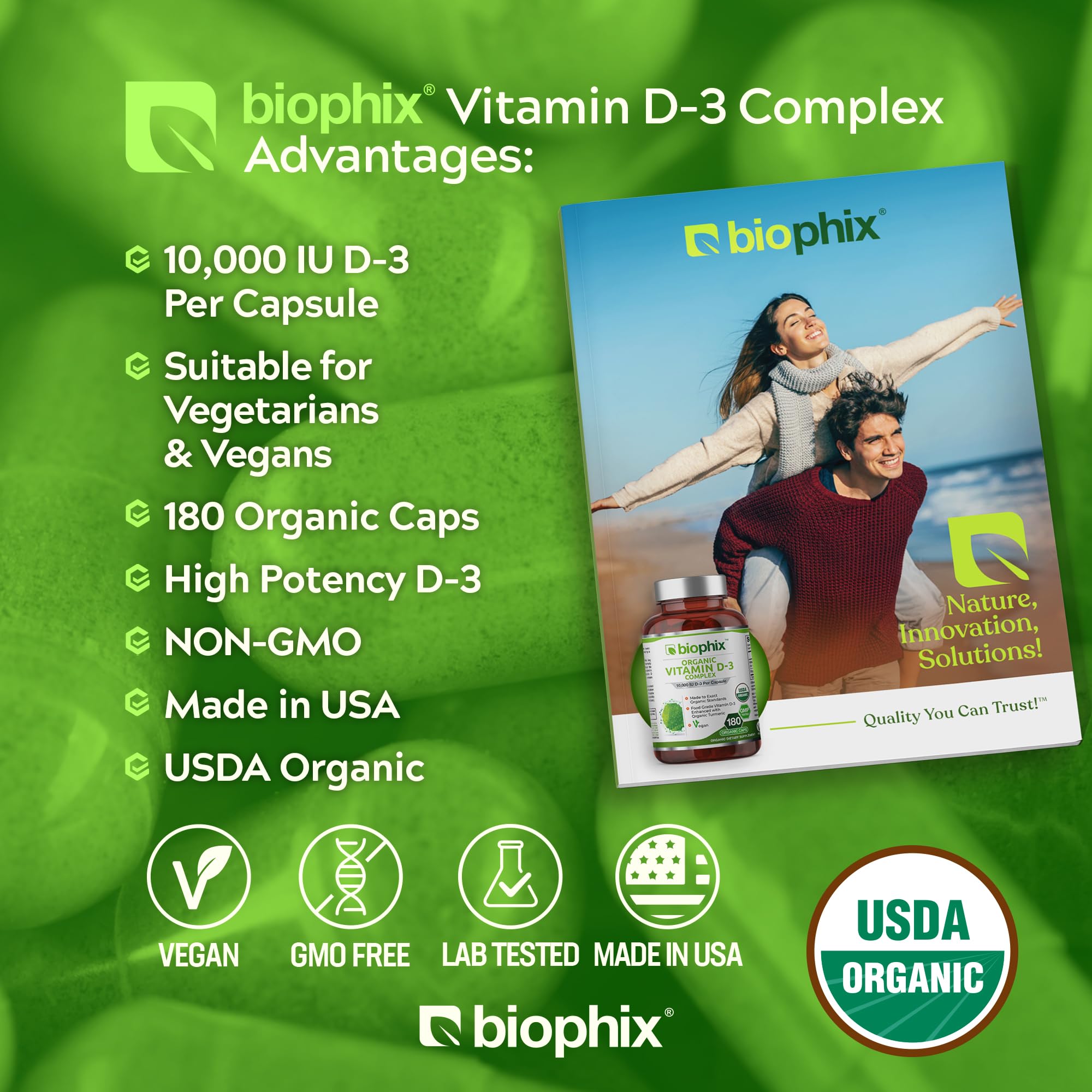 Two Biophix Vitamin D-3 capsules on white background