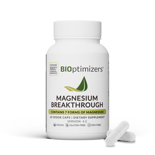 Front view of BiOptimizers Magnesium Breakthrough Complex bottle featuring seven forms of magnesium.