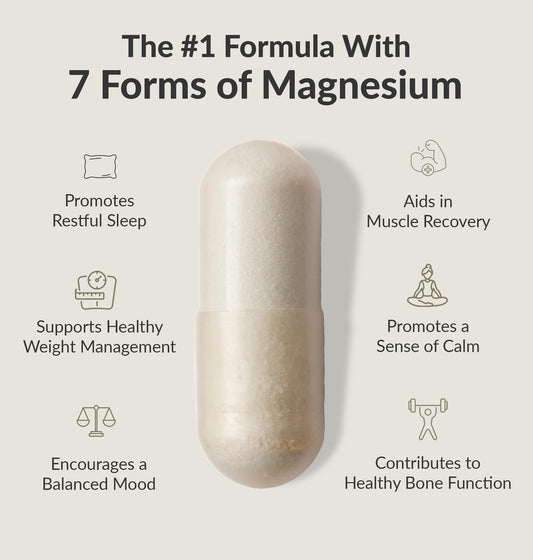 Close-up of supplement bottle listing seven forms of magnesium including glycinate, malate, and citrate.