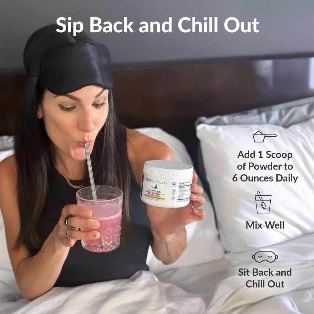 BIOptimizers Magnesium Breakthrough at night to suggest sleep support and stress relief