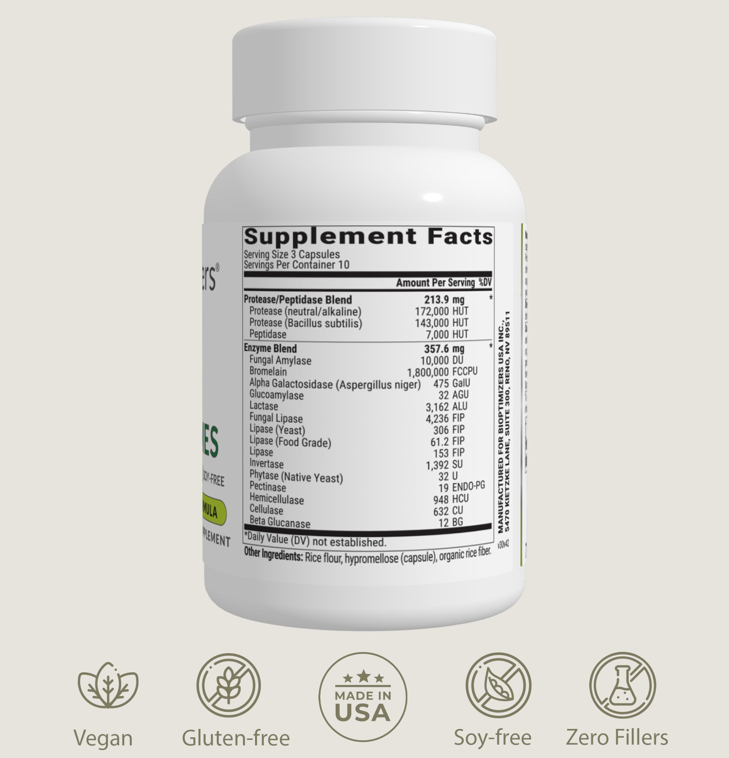 MassZymes on kitchen counter beside a meal illustrating enhanced digestion