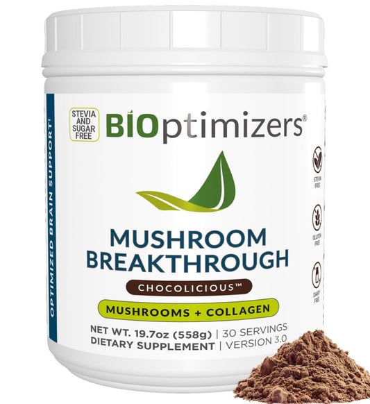 Front view of BIOptimizers Mushroom Coffee Alternative chocolate flavor
