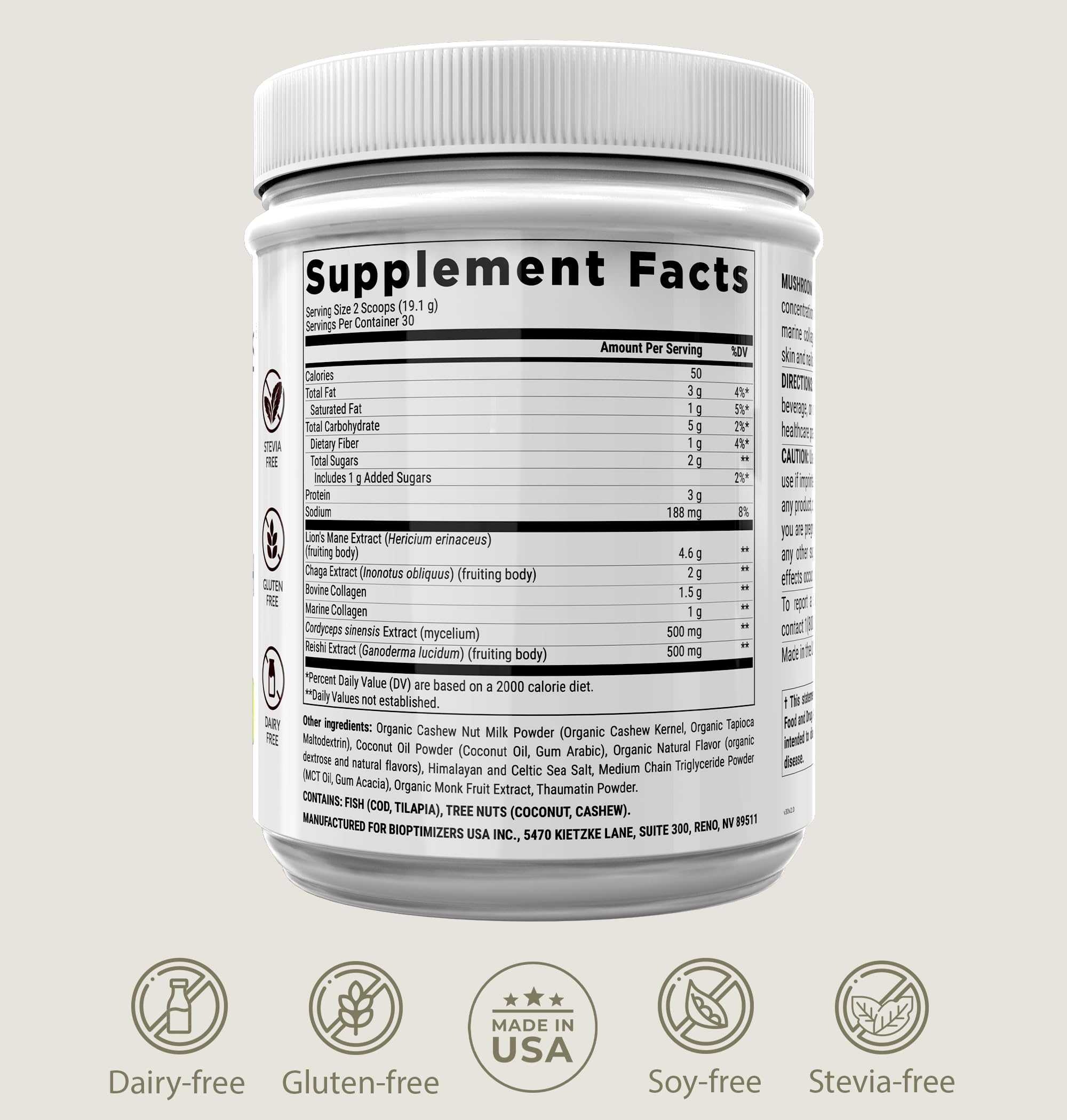 Nutrition label and supplement facts for BIOptimizers Mushroom Coffee Alternative