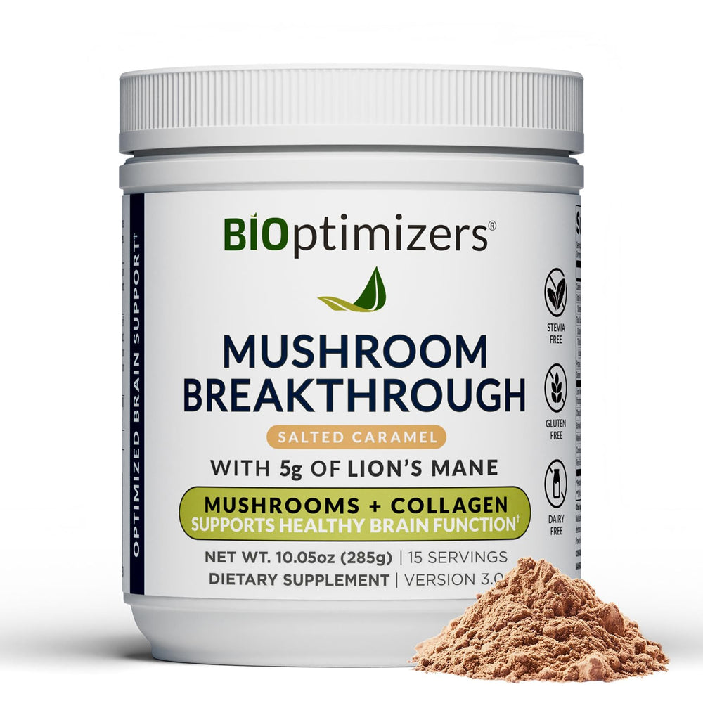 BIOptimizers Mushroom Coffee Alternative bottle pouring salted caramel for daily focus.