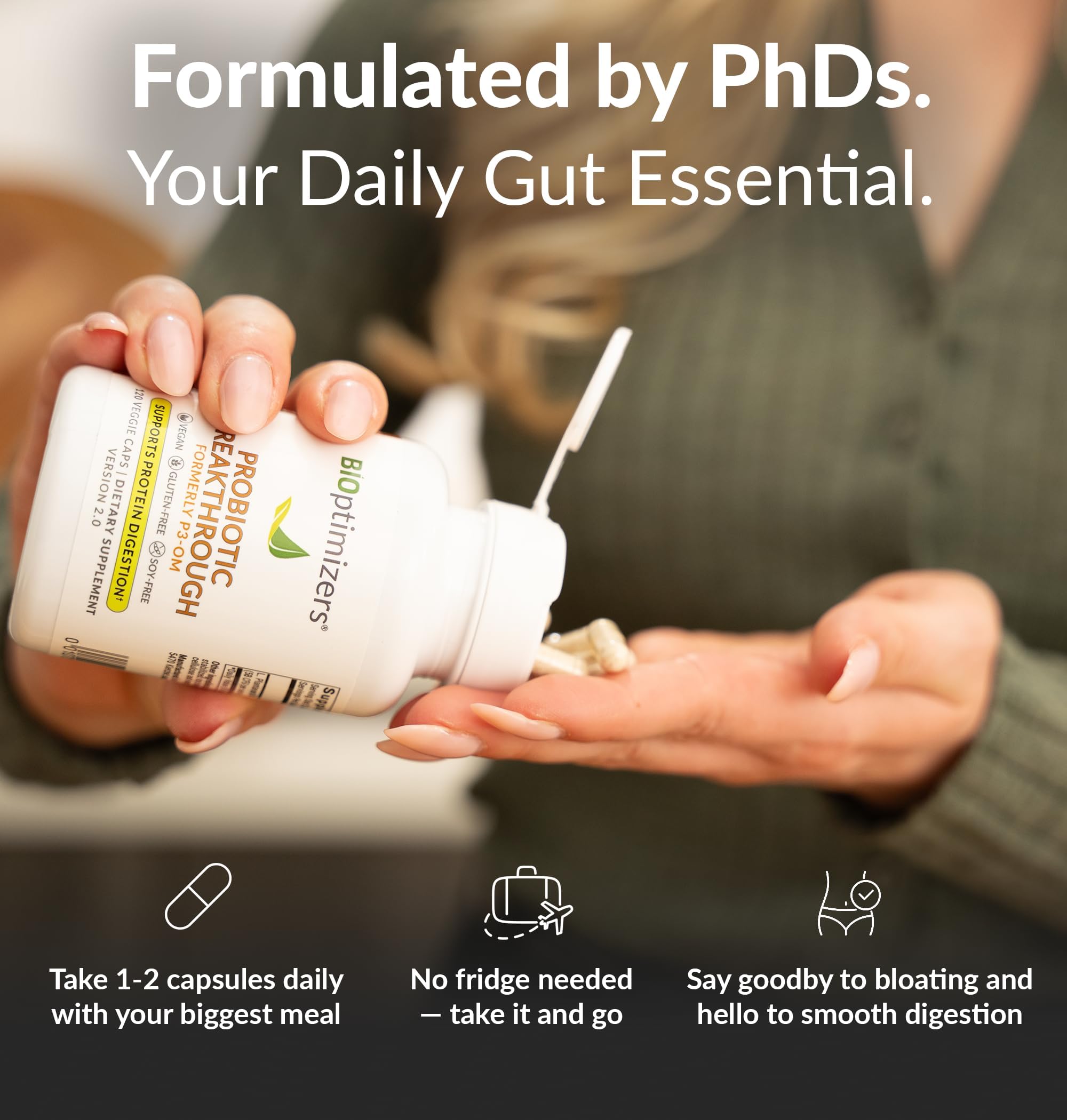 Shelf-stable probiotic packaging indicating no refrigeration