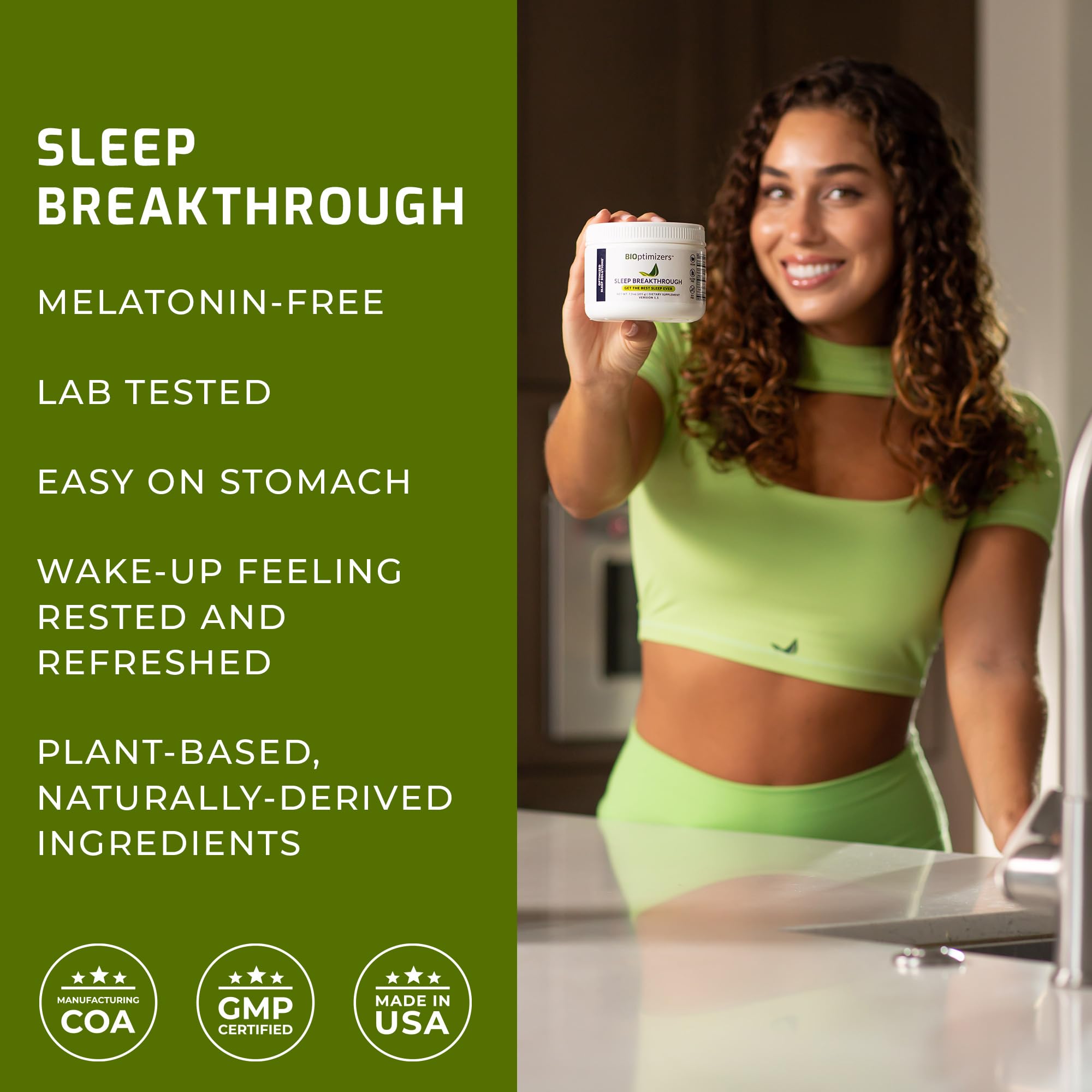 BIOptimizers Sleep Breakthrough bottle closeup label showing vegan and gluten free promise