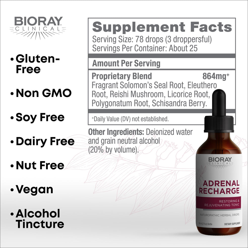 Close-up of Adrenal Recharge bottle label showing Non-GMO, vegan, gluten-free