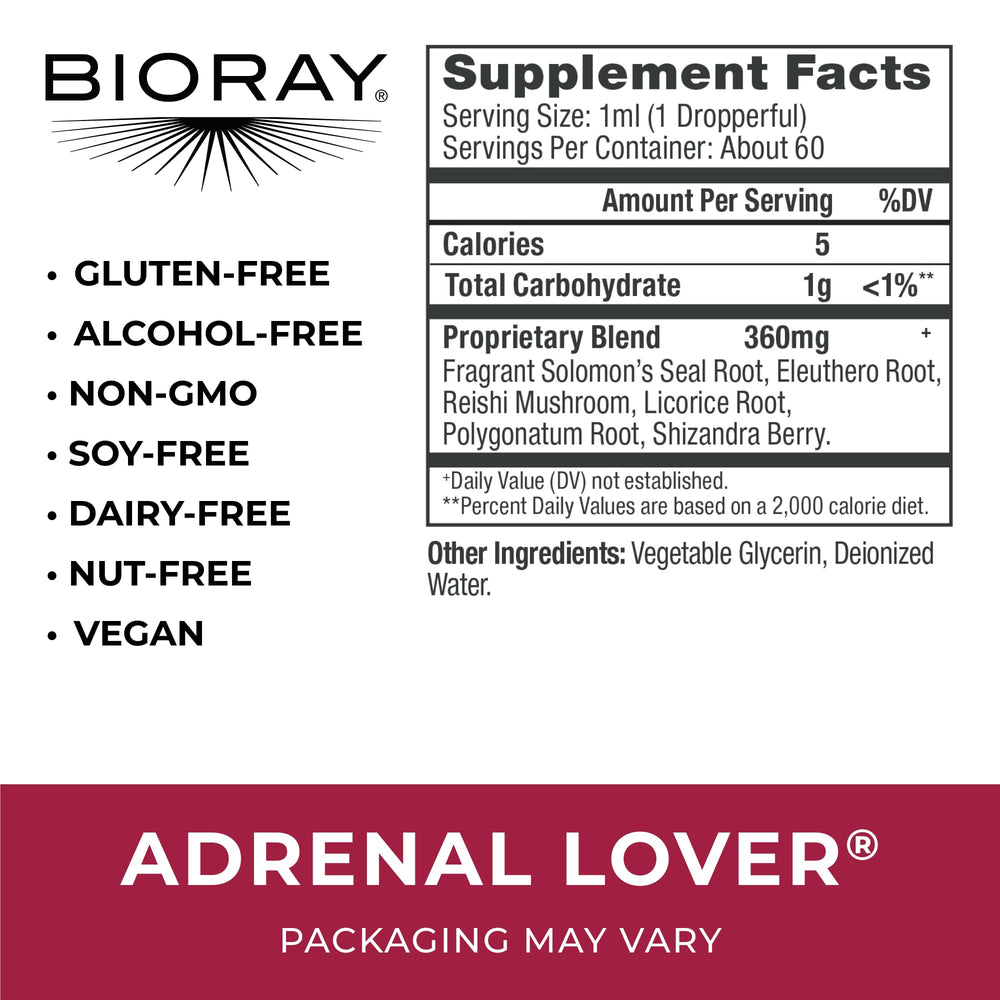 Close-up of BIORAY Adrenal Lover liquid formula in dropper