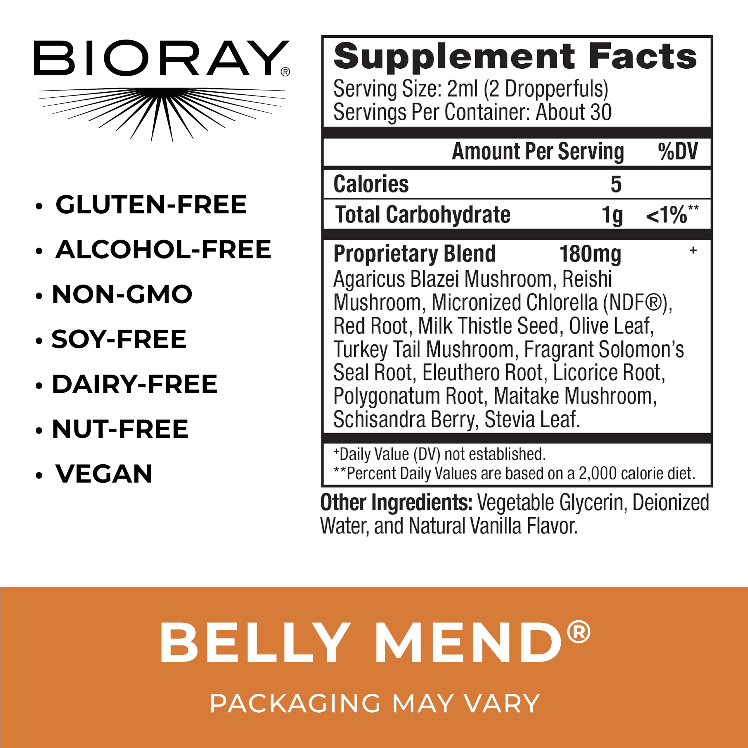 Ingredients of BIORAY Daily Belly Mend probiotic formula