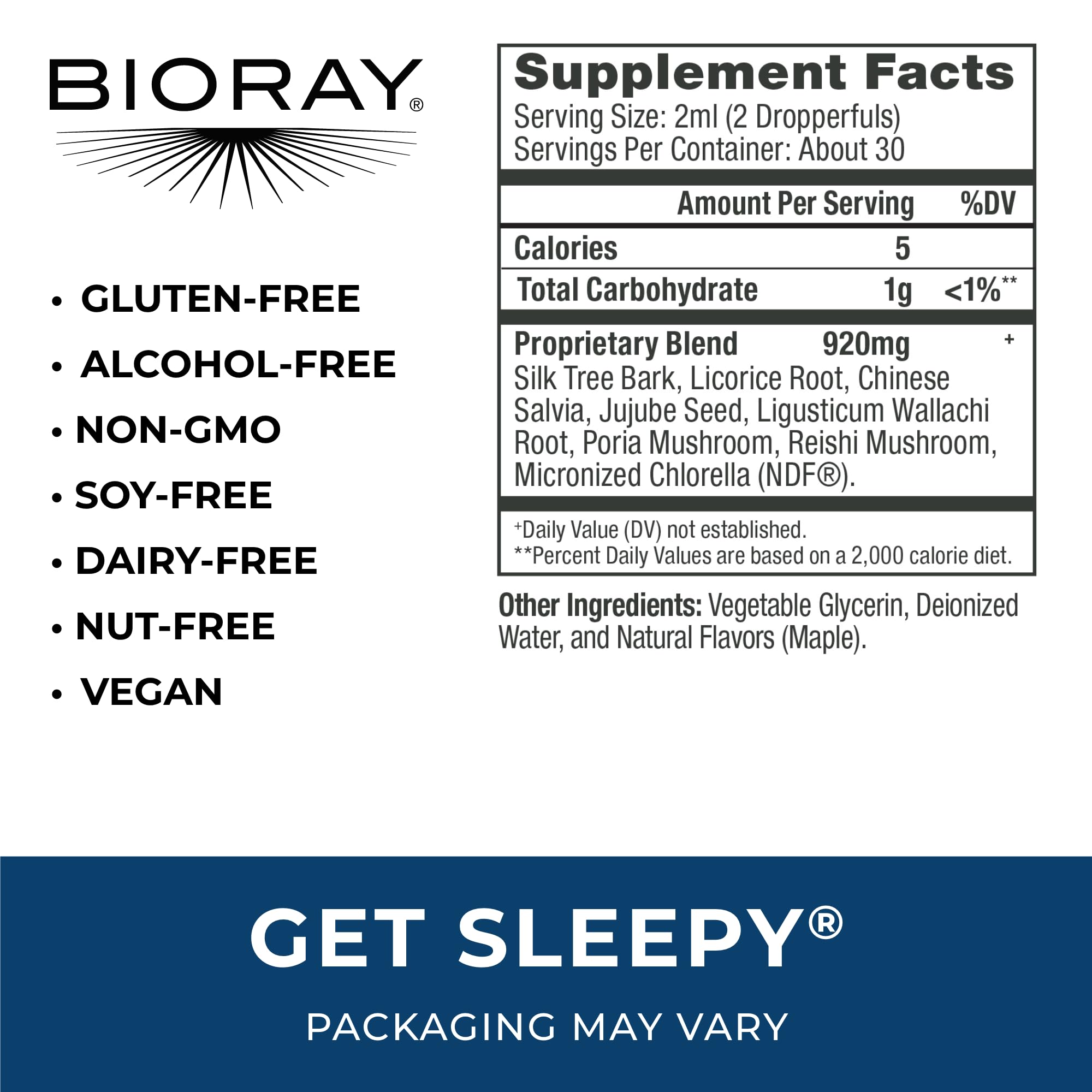 Close-up of BIORAY Daily Get Sleepy label showing ingredients including medicinal mushrooms and micronized chlorella