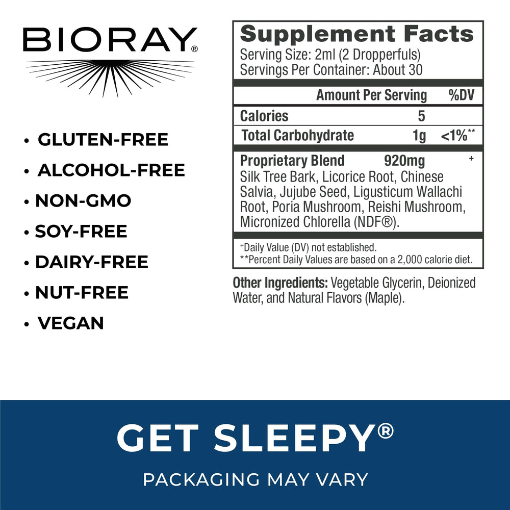 Close-up of BIORAY Daily Get Sleepy label showing ingredients including medicinal mushrooms and micronized chlorella
