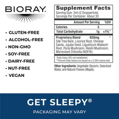 Close-up of BIORAY Daily Get Sleepy label showing ingredients including medicinal mushrooms and micronized chlorella