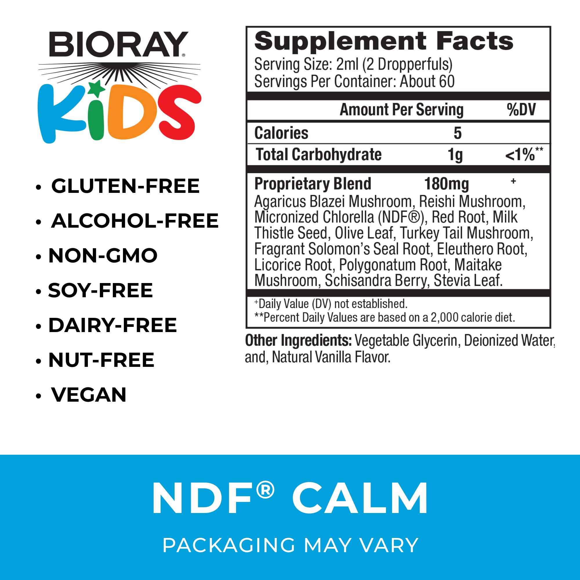 BIORAY Kids NDF Calm label close-up show notes and product details.