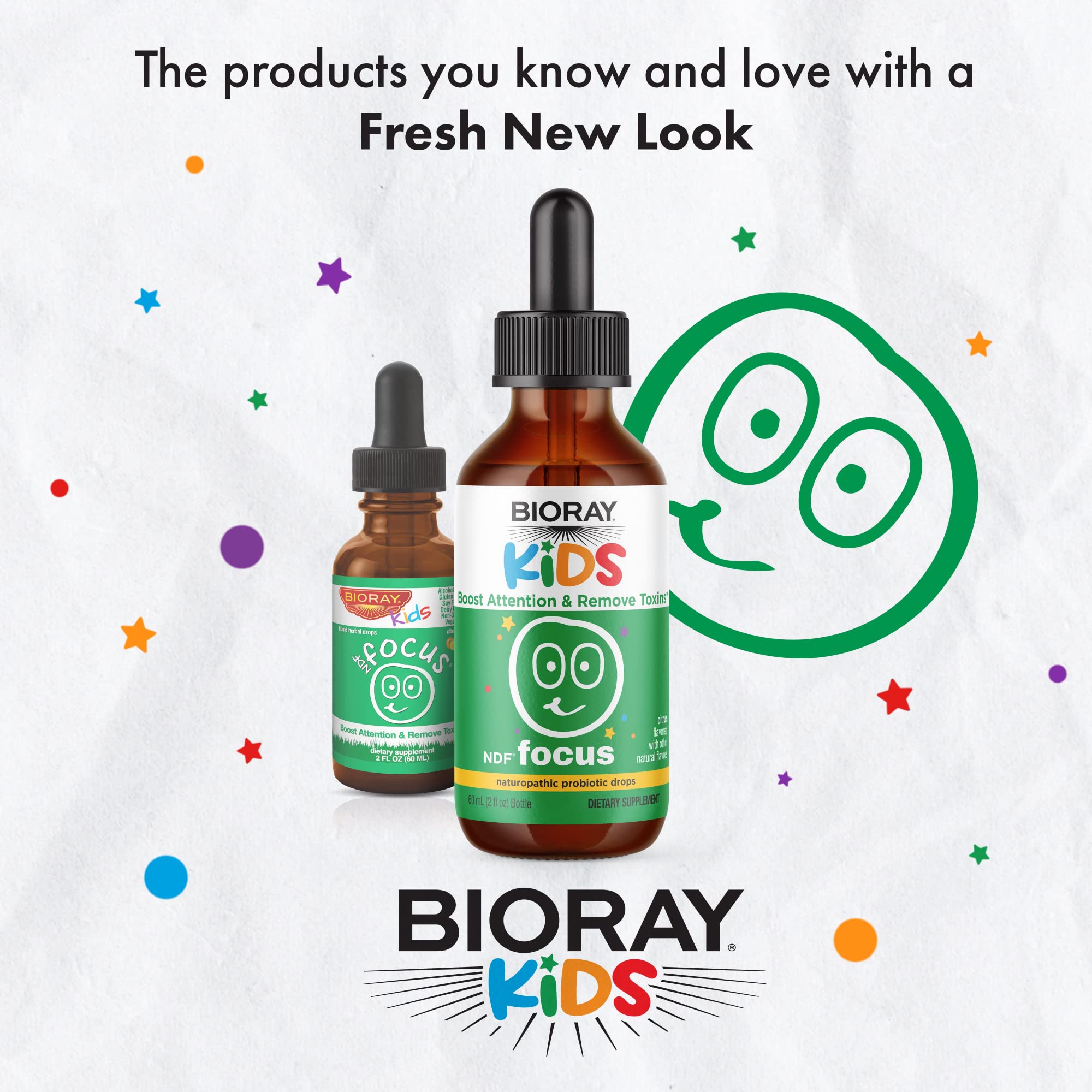 Label showing ingredients for BIORAY Kids NDF Focus Citrus