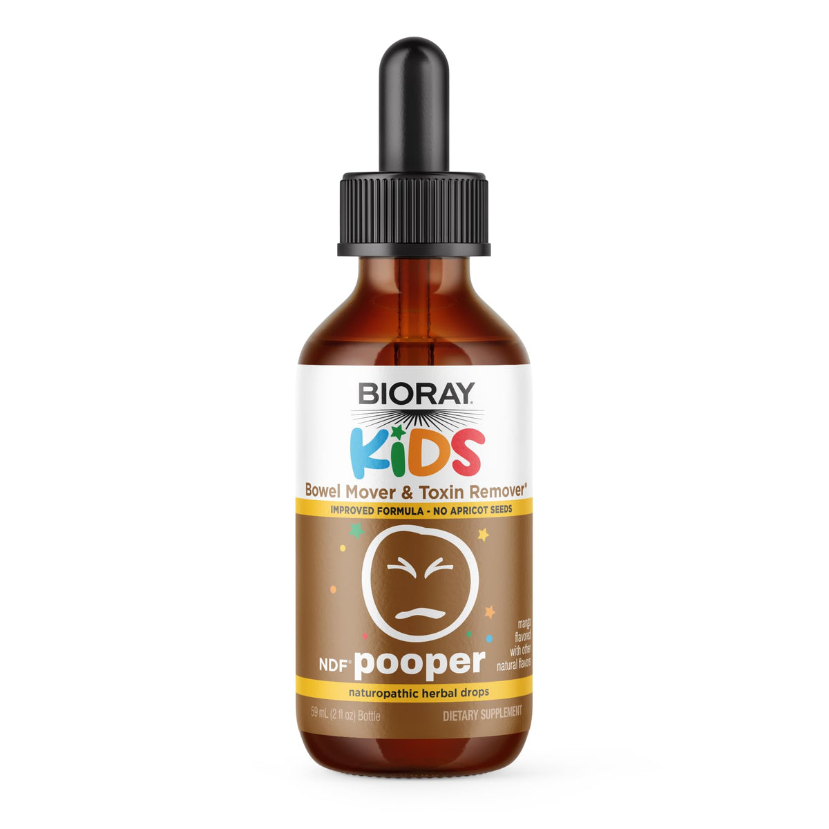 BIORAY Kids NDF Pooper bottle with mango flavor for gentle bowel support.