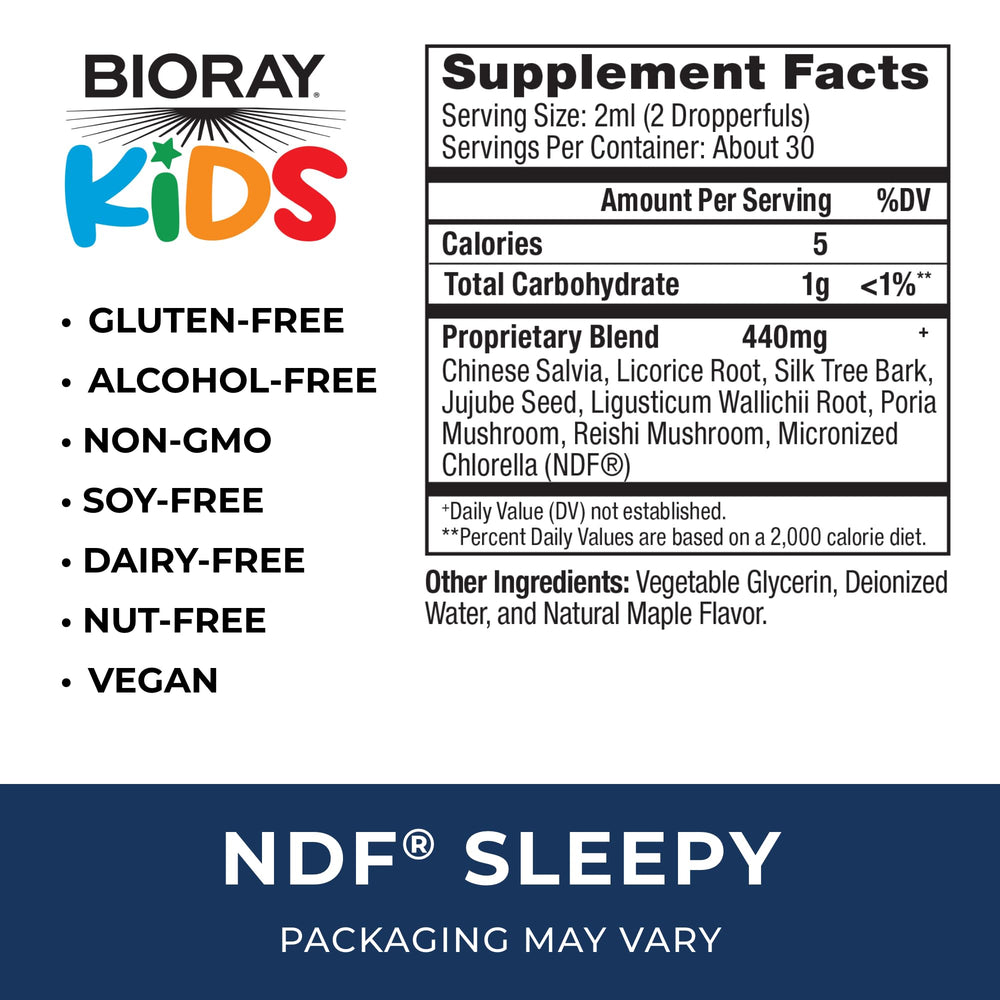 Packaging of BIORAY Kids NDF Sleepy Maple 2 oz bottle