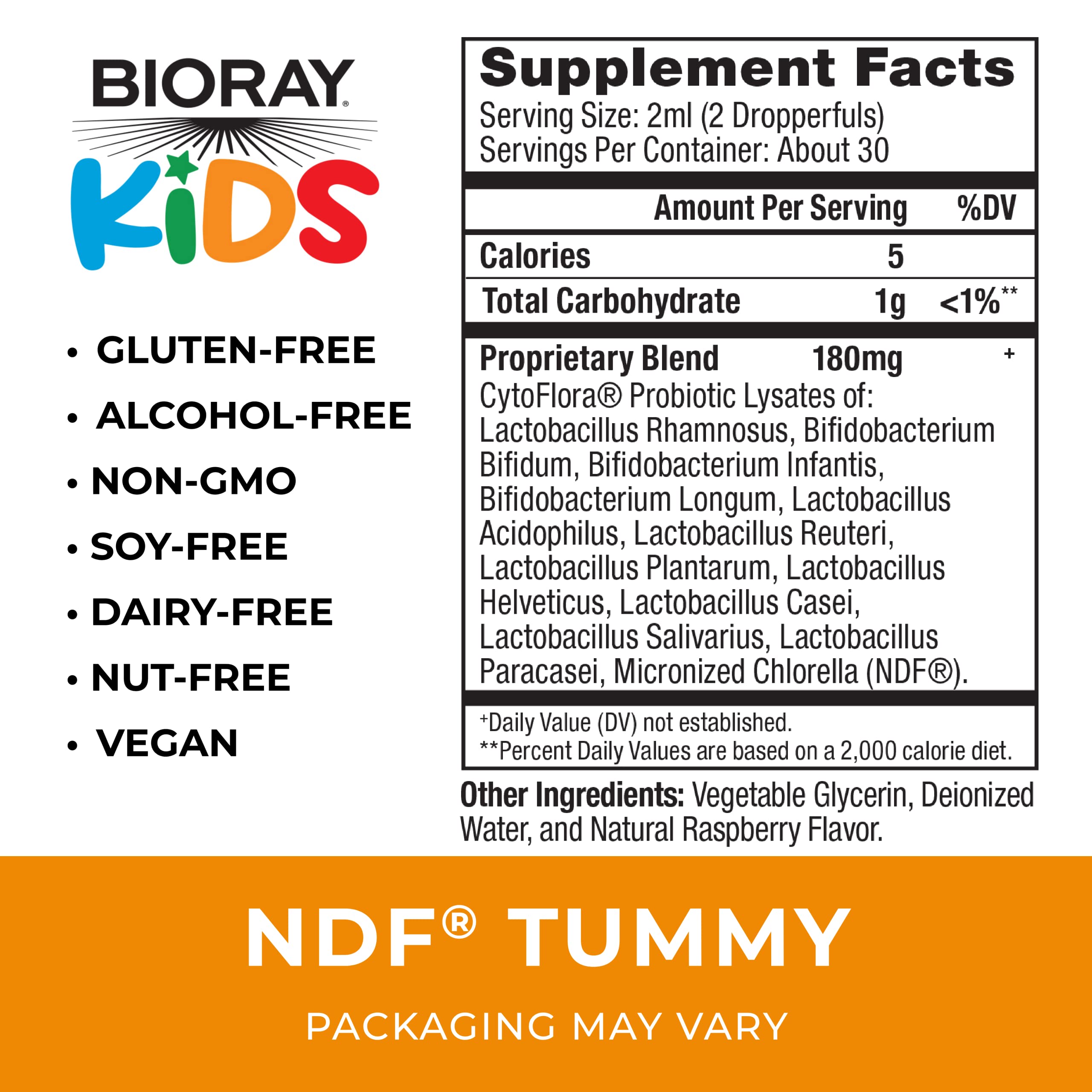 BIORAY Kids NDF Tummy raspberry bottle being poured for easy daily use.