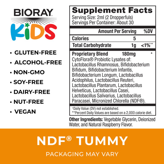BIORAY Kids NDF Tummy raspberry bottle being poured for easy daily use.
