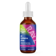 Bottle of BIORAY RAYZ All Systems Glow Raspberry flavor 2 fl oz