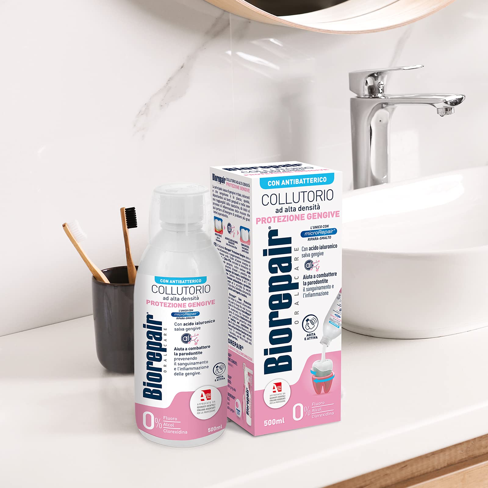 Box and bottle of Biorepair Gum Protection mouthwash