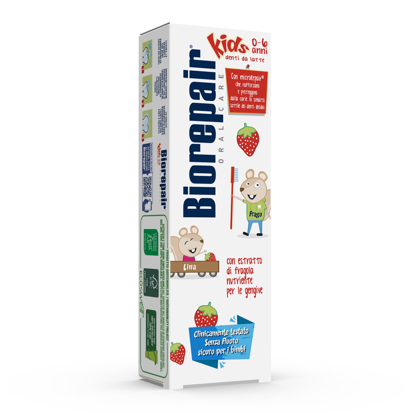 Biorepair Junior toothpaste tube front with strawberry flavor