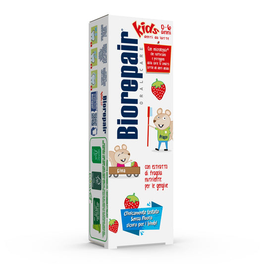 Biorepair Junior toothpaste tube front with strawberry flavor