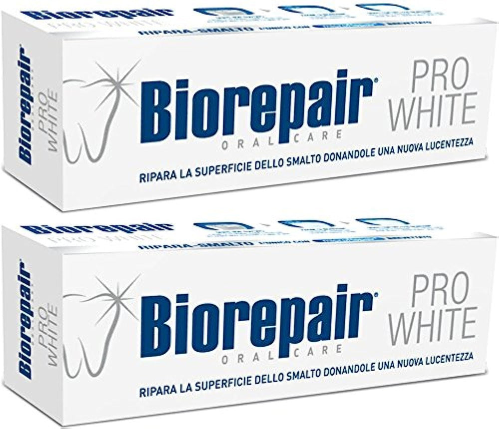 Front view of Biorepair Pro White toothpaste tubes (2 x 75ml)