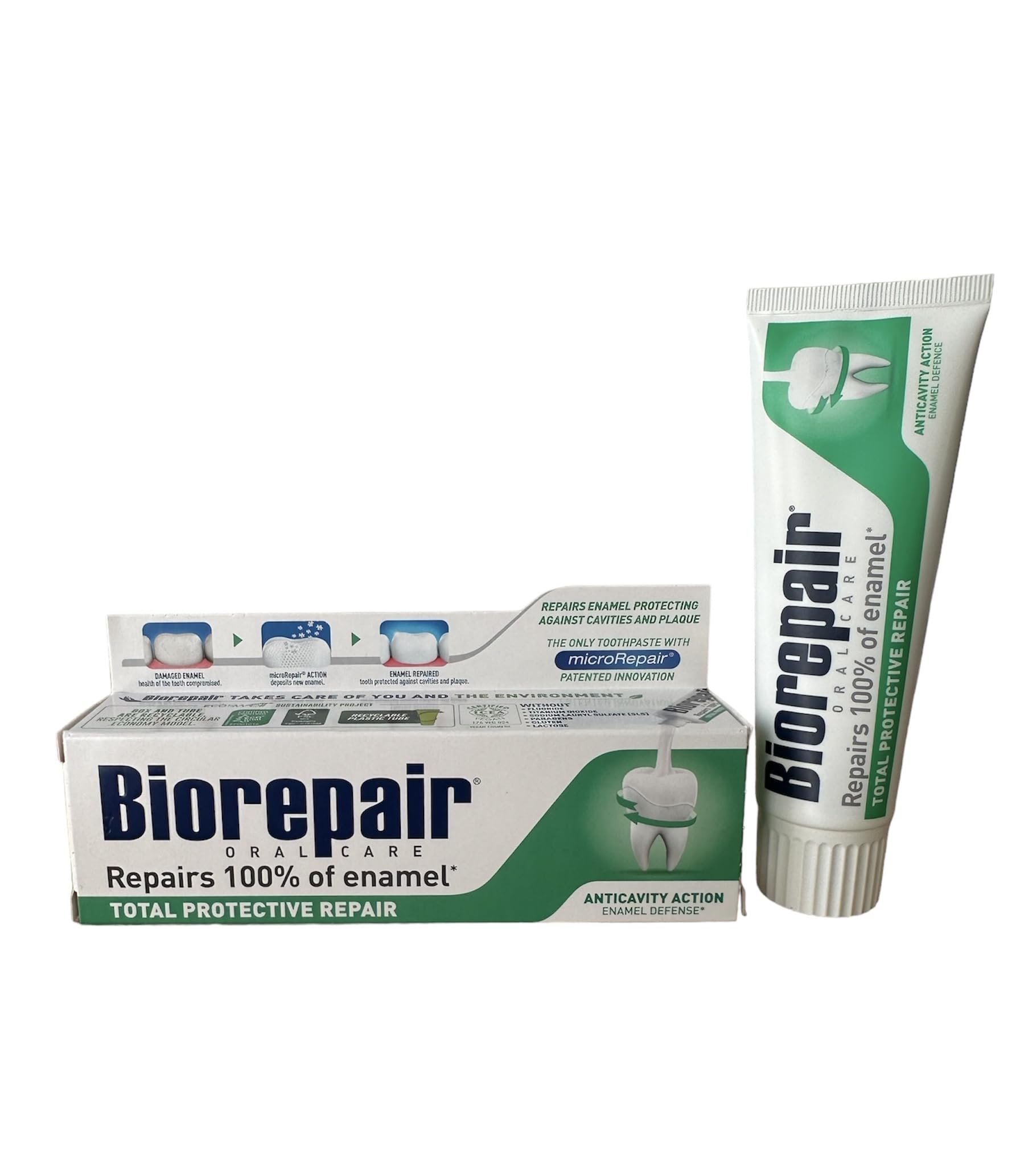 Biorepair toothpaste packaging and tube with microRepair