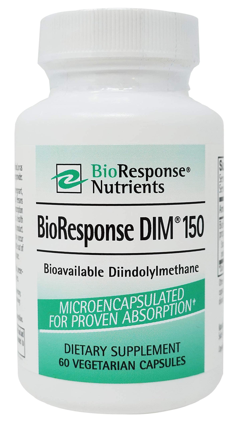 BioResponse DIM bottle close-up showing microencapsulated formula for potential hormonal balance support