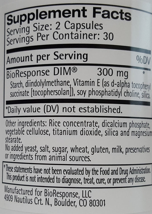 Close-up of BioResponse DIM 150 mg bottle label