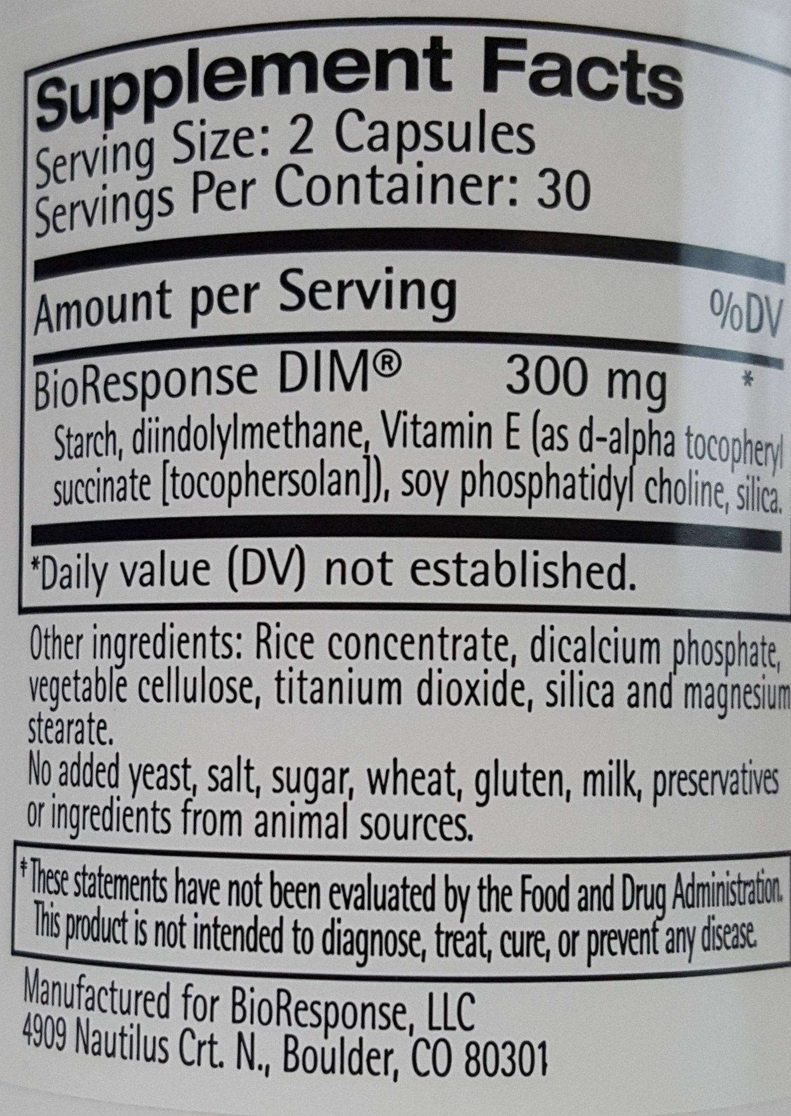 Close-up of BioResponse DIM capsules and label
