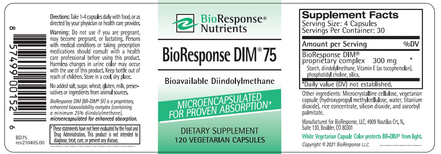 Close-up of BioResponse DIM 75-75mg 120 capsules label highlighting absorption-enhanced DIM