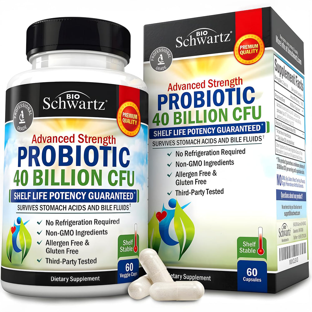 BioSchwartz Daily Probiotic bottle with label showing 40 Billion CFU and 60-count