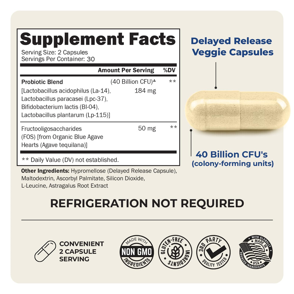 Close-up of probiotic bottle label highlighting 40B CFU and Lactobacillus acidophilus