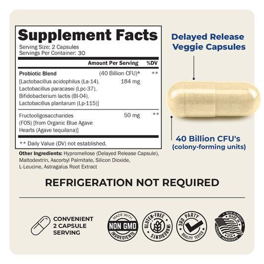 Close-up of probiotic bottle label highlighting 40B CFU and Lactobacillus acidophilus