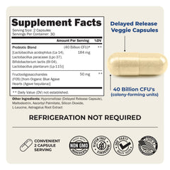 Close-up of probiotic bottle label highlighting 40B CFU and Lactobacillus acidophilus