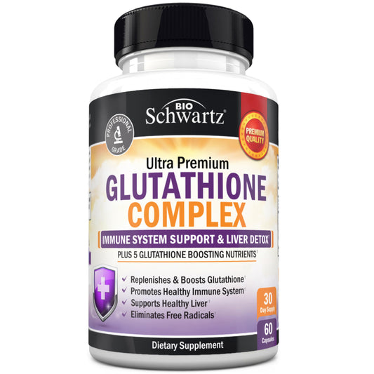 Front view of BioSchwartz Glutathione 500mg bottle