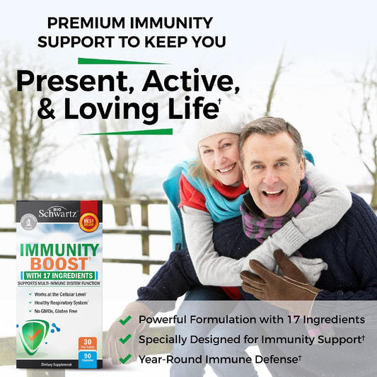 Front view of BioSchwartz Immune Support bottle featuring Elderberry