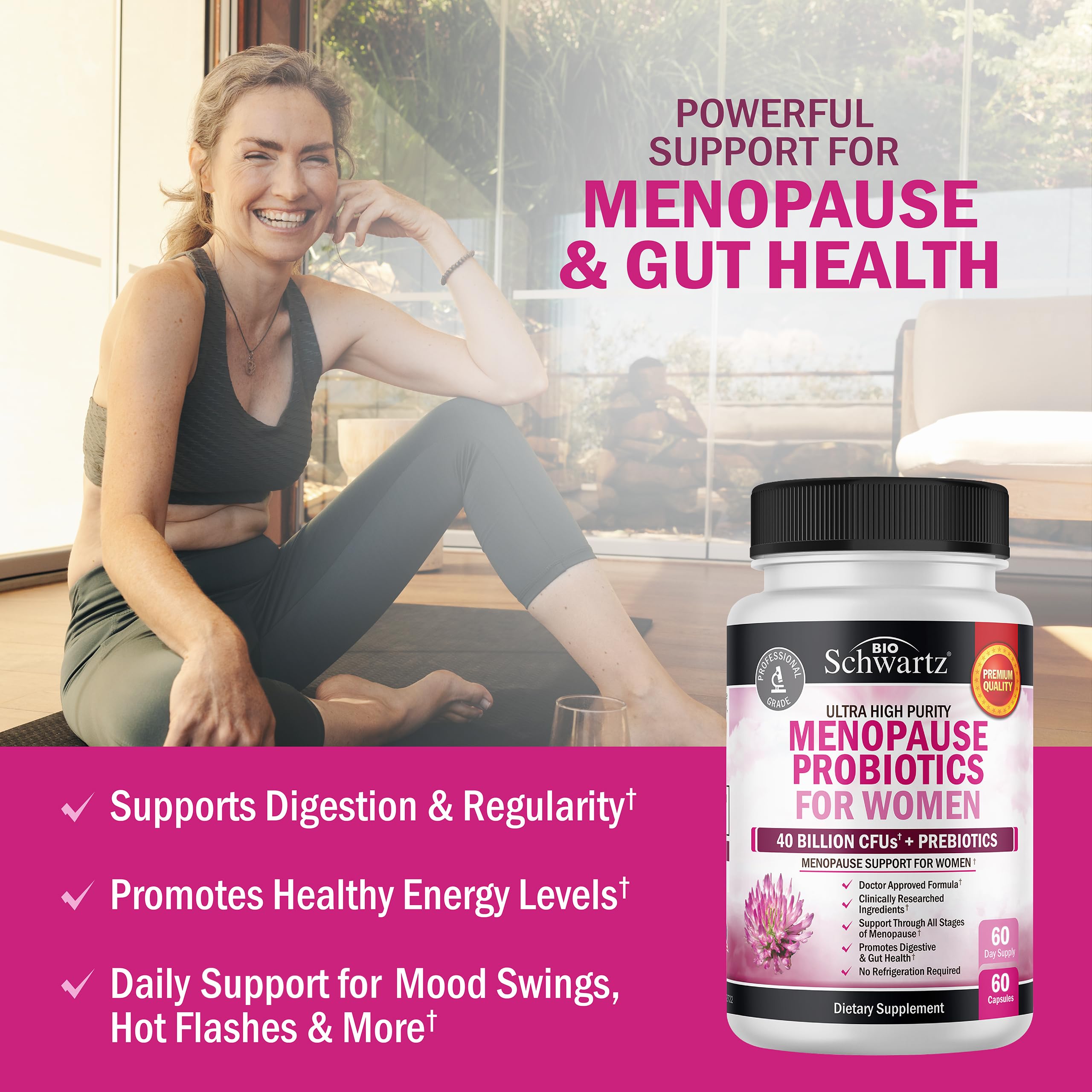 BioSchwartz Menopause Probiotics bottle back label with supplement details.