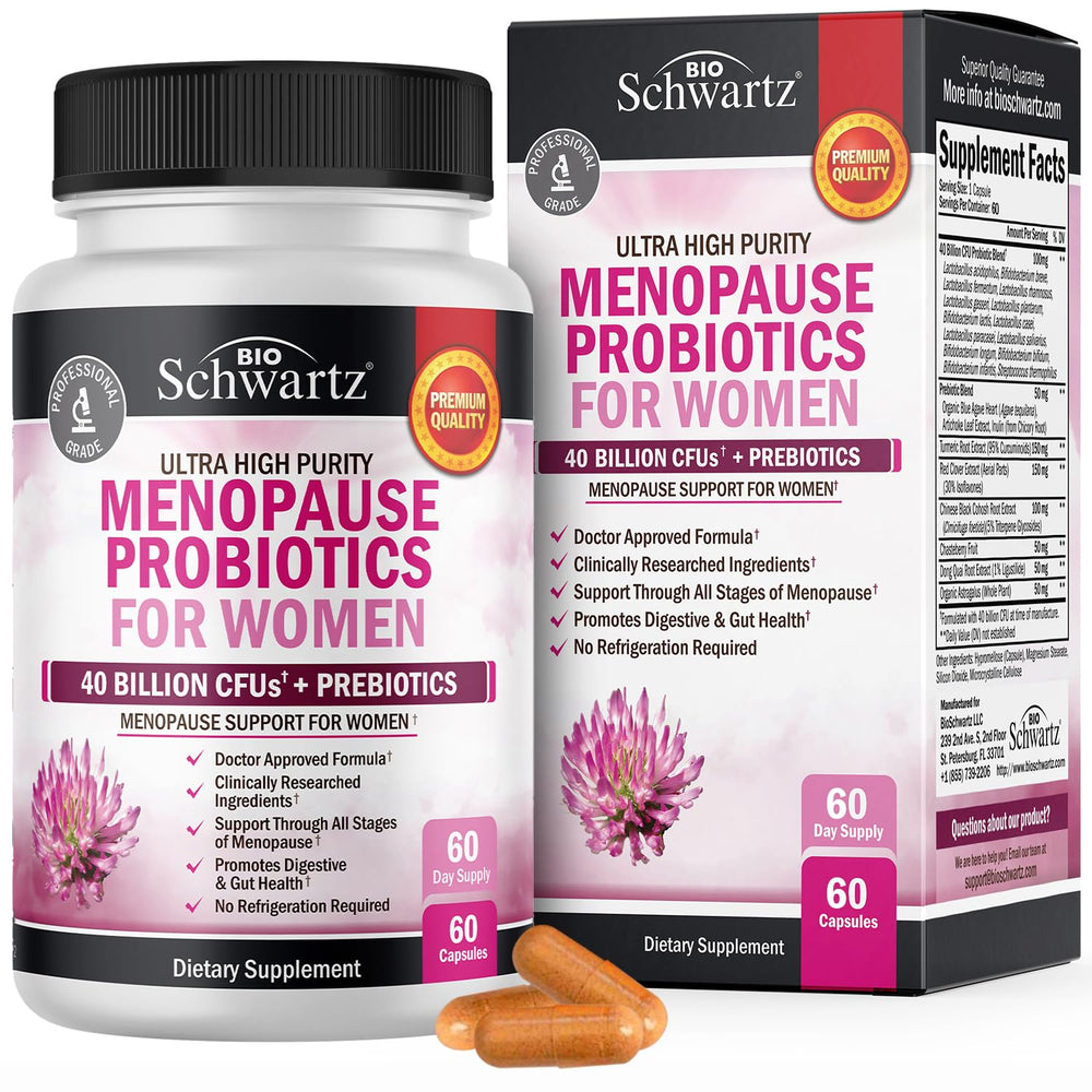 BioSchwartz Menopause Probiotics bottle front view for daily support.