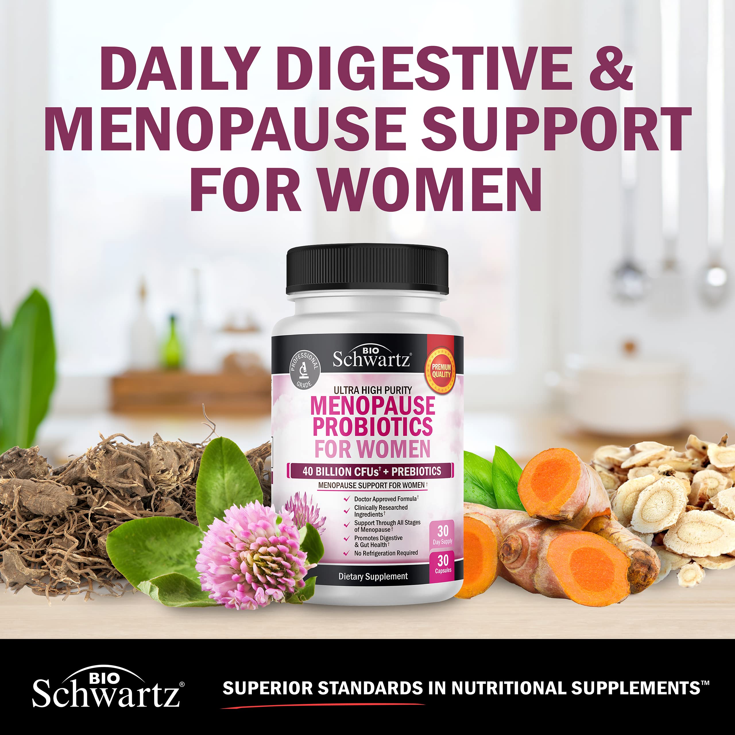 BioSchwartz menopause probiotics shelf-stable bottle for convenient use