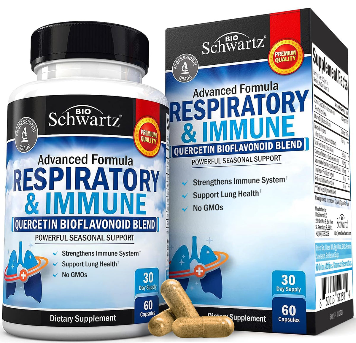 Bottle of BioSchwartz Respiratory & Immune Lung Support supplement with label