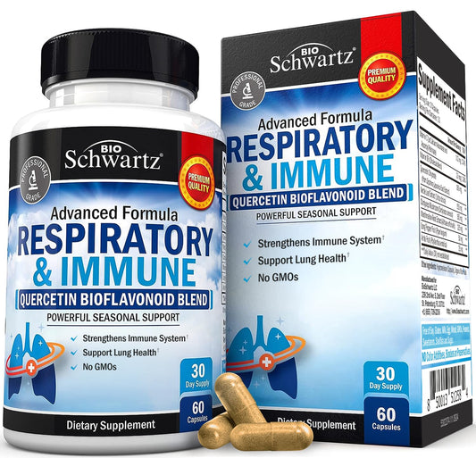 Bottle of BioSchwartz Respiratory & Immune Lung Support supplement with label