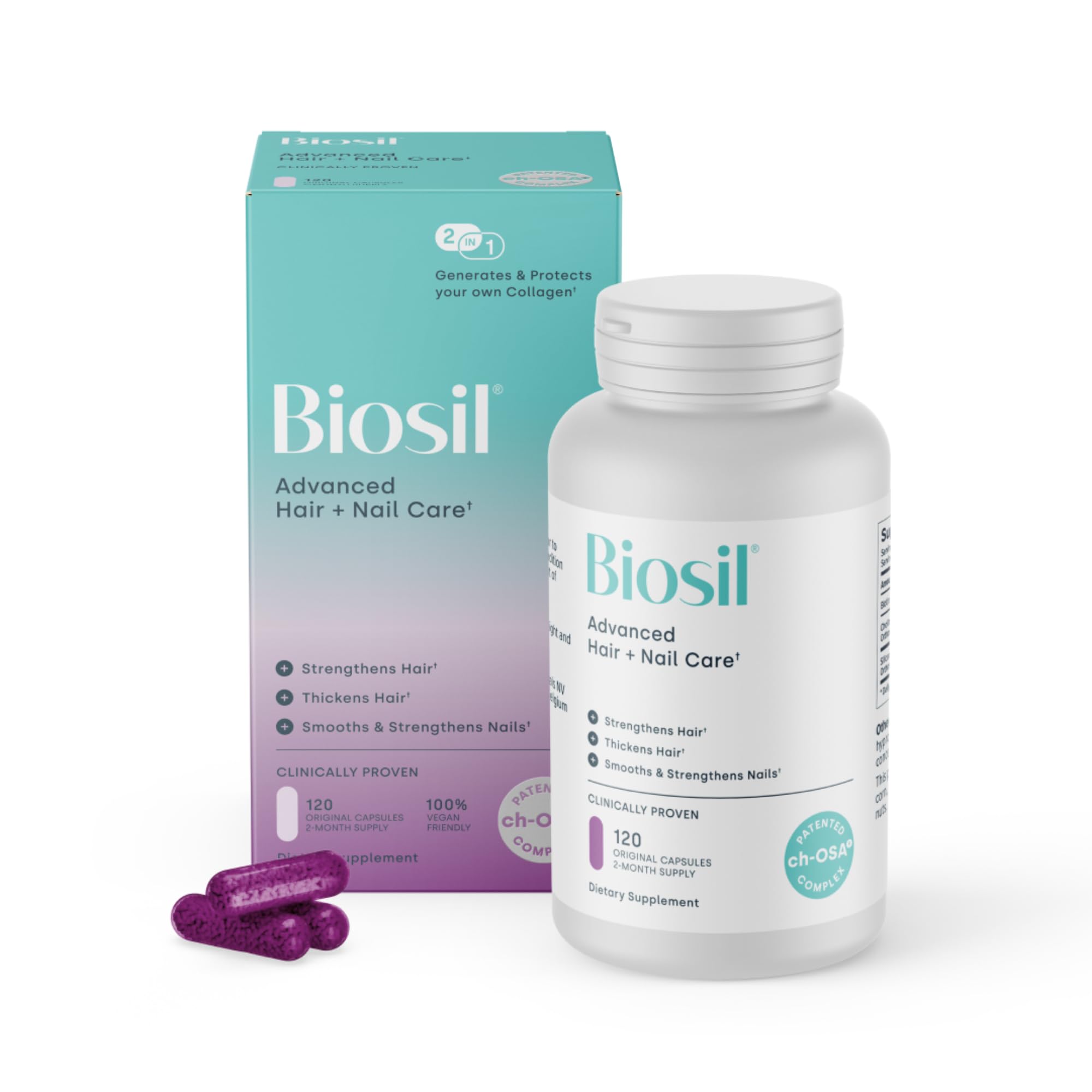 Biosil Advanced Hair and Nail Care bottle on a clean counter, supporting daily beauty routine.