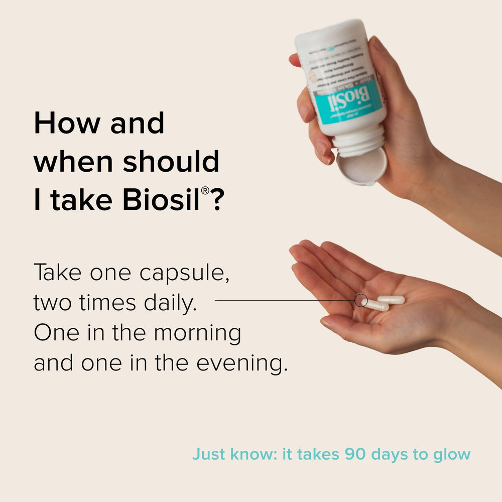 Biosil capsules next to a glass of water showing collagen support for hair, skin, and nails